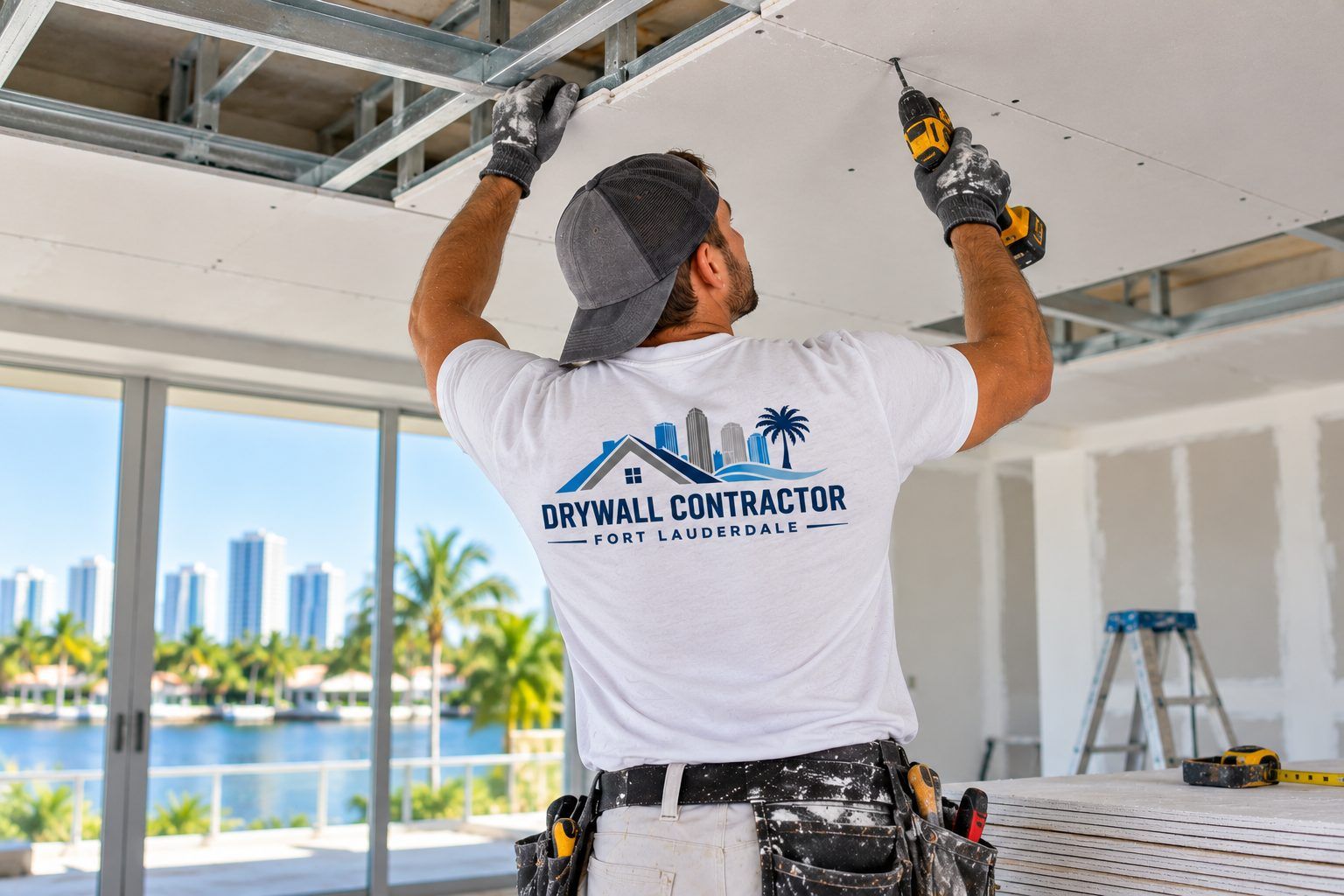 Installer fastening a drywall panel to a ceiling in a Fort Lauderdale condo